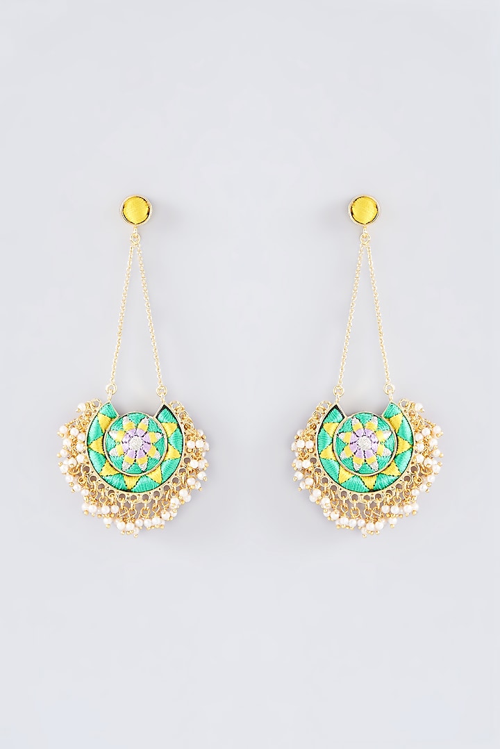 Matte Gold Finish Green Thread Embroidered Chandbali Earrings by Bauble Bazaar