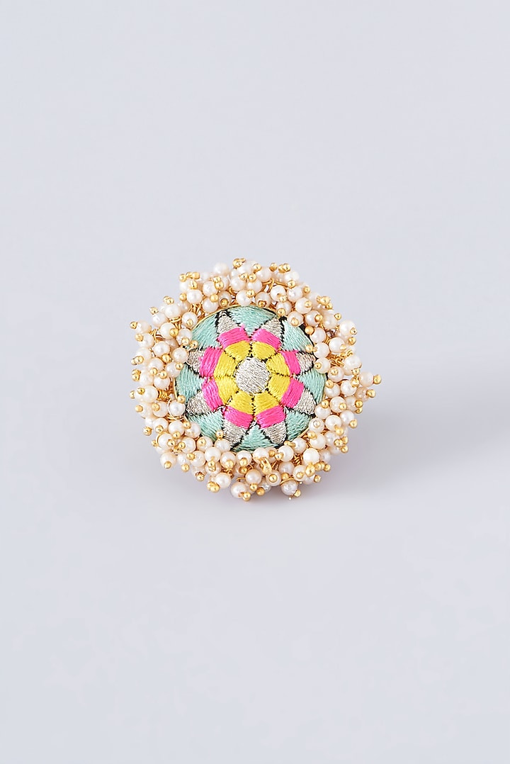 Matte Gold Finish Multi-Colored Thread Embroidered Ring by Bauble Bazaar