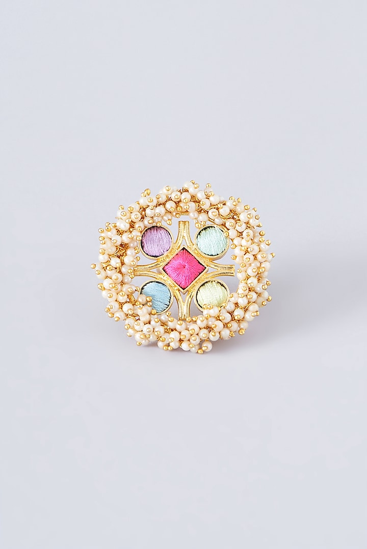 Matte Gold Finish Multi-Colored Thread Embroidered Ring by Bauble Bazaar