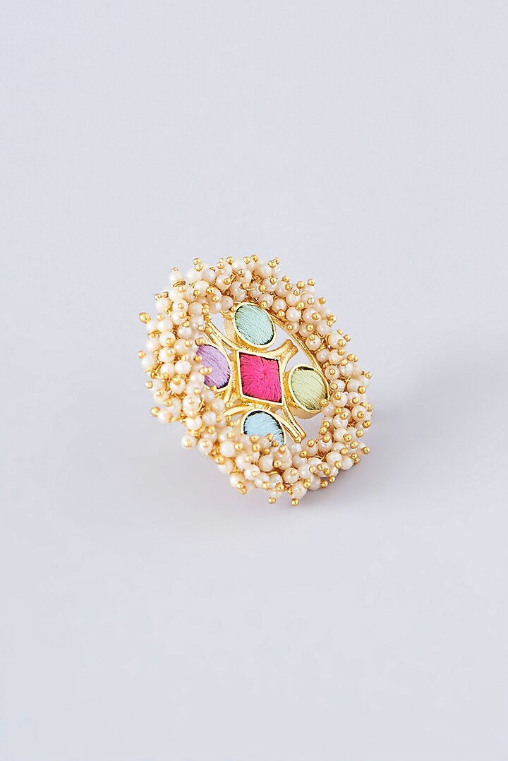Matte Gold Finish Multi-Colored Thread Embroidered Ring by Bauble Bazaar at Pernia's Pop Up Shop