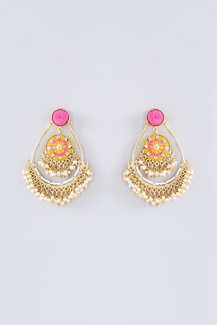 Matte Gold Finish Marigold Yellow Thread Embroidered Chandbali Earrings by Bauble Bazaar