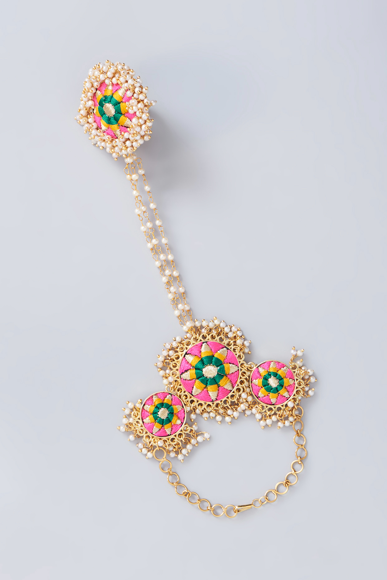 Matte Gold Finish Multi-Colored Thread Embroidered Hand Harness by Bauble Bazaar at Pernia's Pop Up Shop