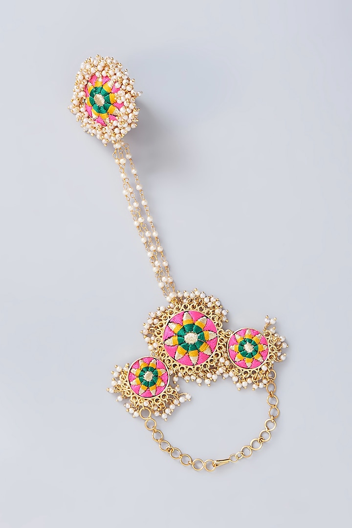 Matte Gold Finish Multi-Colored Thread Embroidered Hand Harness by Bauble Bazaar at Pernia's Pop Up Shop