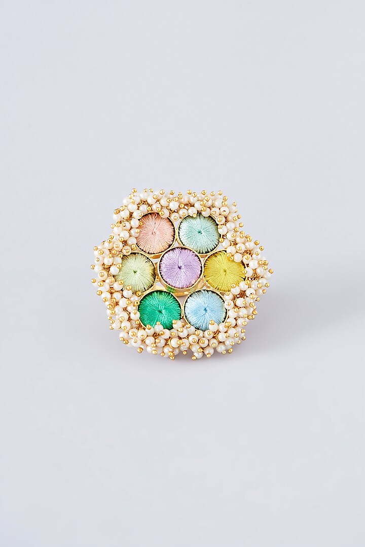 Matte Gold Finish Multi-Colored Thread Embroidered & Pearl Ring by Bauble Bazaar