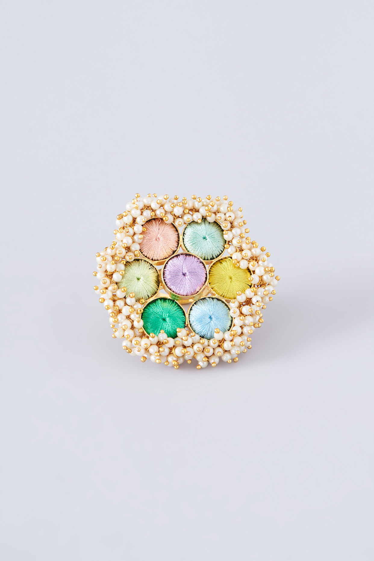 Matte Gold Finish Multi-Colored Thread Embroidered & Pearl Ring by Bauble Bazaar at Pernia's Pop Up Shop