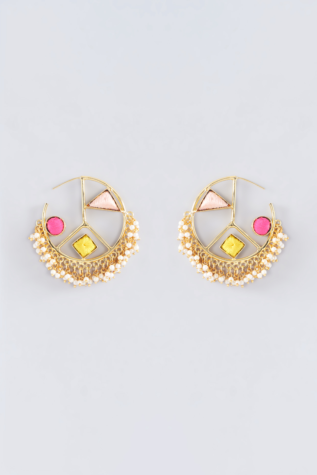 Matte Gold Finish Multi-Colored Thread Embroidered Hoop Earrings by Bauble Bazaar at Pernia's Pop Up Shop