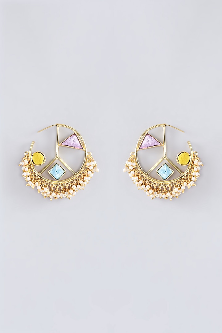 Matte Gold Finish Multi-Colored Thread Embroidered & Pearl Hoop Earrings by Bauble Bazaar