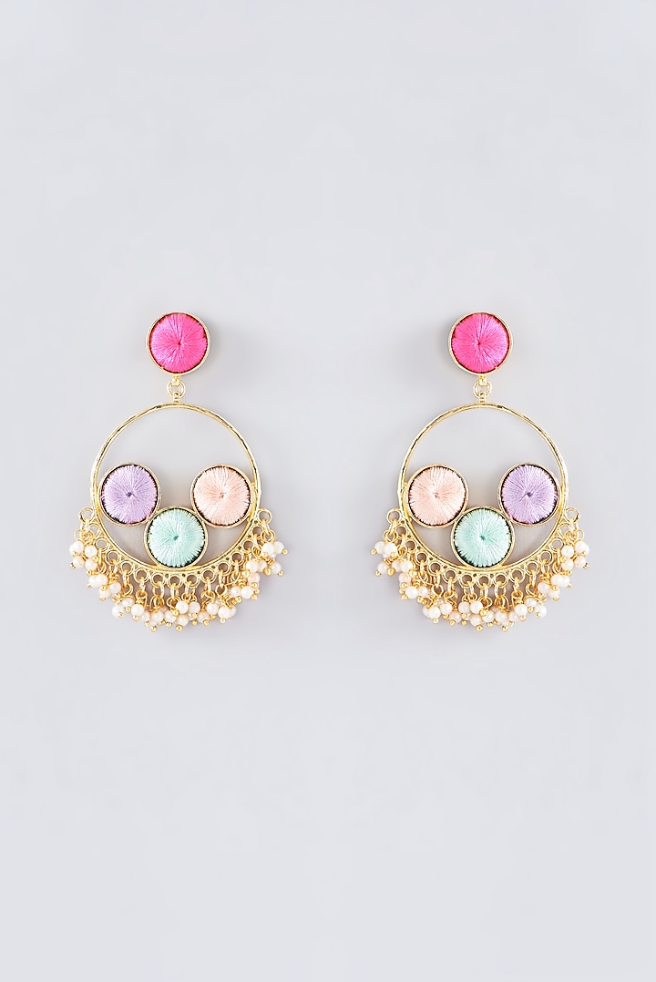 Matte Gold Finish Multi-Colored Thread Embroidered & Pearl Chandbali Earrings by Bauble Bazaar