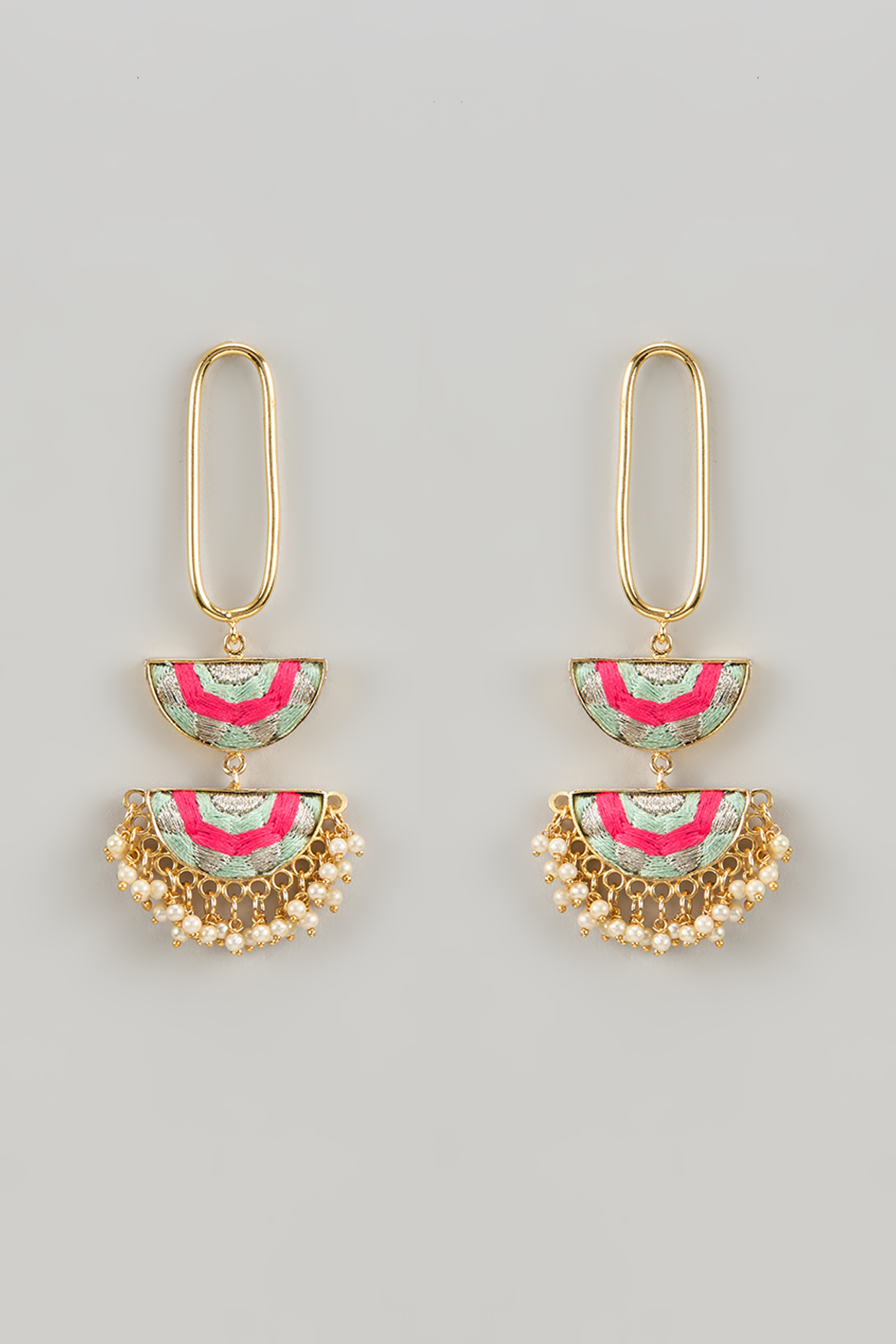 Matte Gold Finish Multi-Colored Silk Thread Embroidered Dangler Earrings by Bauble Bazaar at Pernia's Pop Up Shop