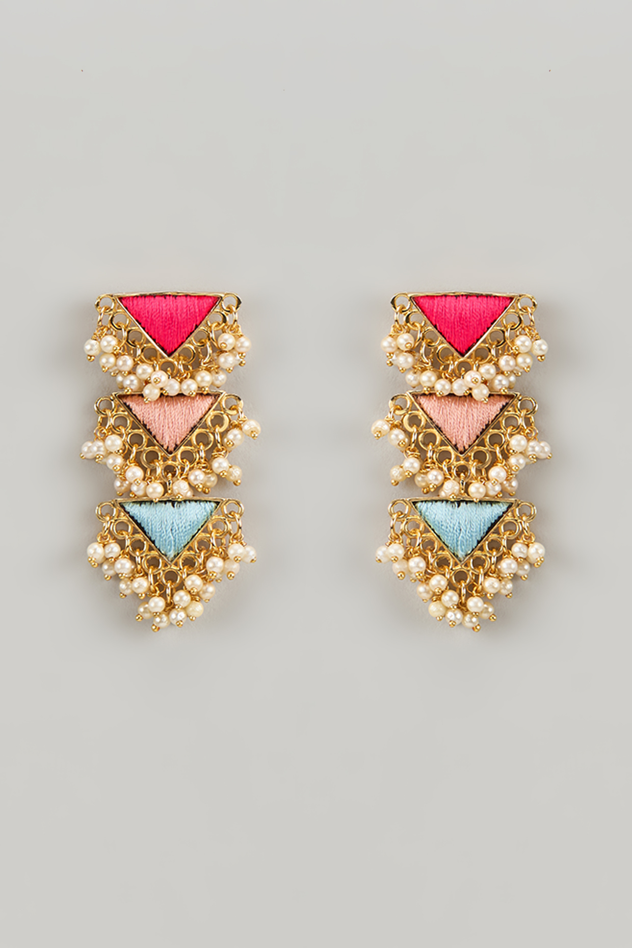 Matte Gold Finish Silk Thread & Pearl Embellished Triangular Dangler Earrings by Bauble Bazaar at Pernia's Pop Up Shop