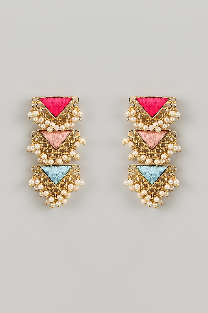 Matte Gold Finish Silk Thread & Pearl Embellished Triangular Dangler Earrings by Bauble Bazaar at Pernia's Pop Up Shop