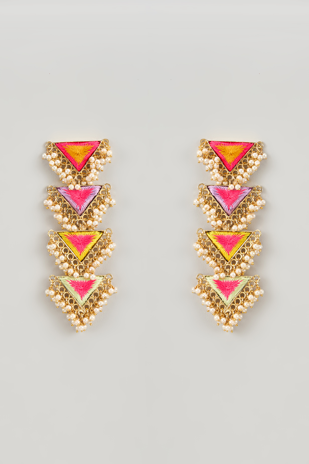 Matte Gold Finish Silk Thread & Pearl Embellished Triangular Dangler Earrings by Bauble Bazaar at Pernia's Pop Up Shop