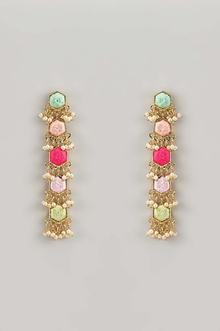 Matte Gold Finish Silk Multi-Colored Embroidered Dangler Earrings by Bauble Bazaar at Pernia's Pop Up Shop