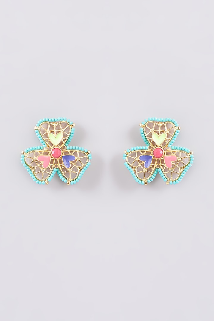 Gold Finish Multi-Colored Bead & Crystal Enameled Stud Earrings by Bauble Bazaar