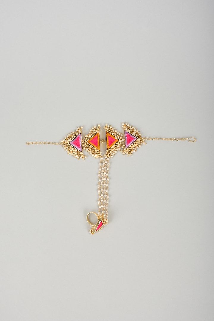 Matte Gold Finish Multi-Colored Embroidered & Pearl Triangular Hand Harness by Bauble Bazaar at Pernia's Pop Up Shop