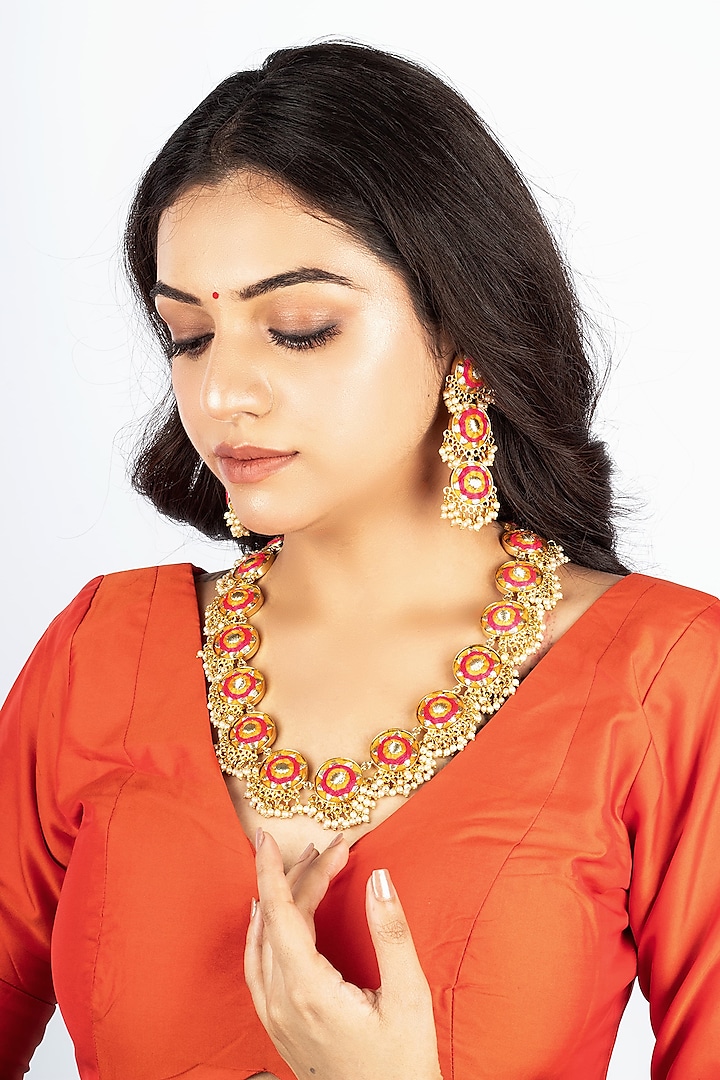 Gold Finish Mustard Yellow & Hot Pink Silk Thread Embroidered Long Necklace Set by Bauble Bazaar at Pernia's Pop Up Shop