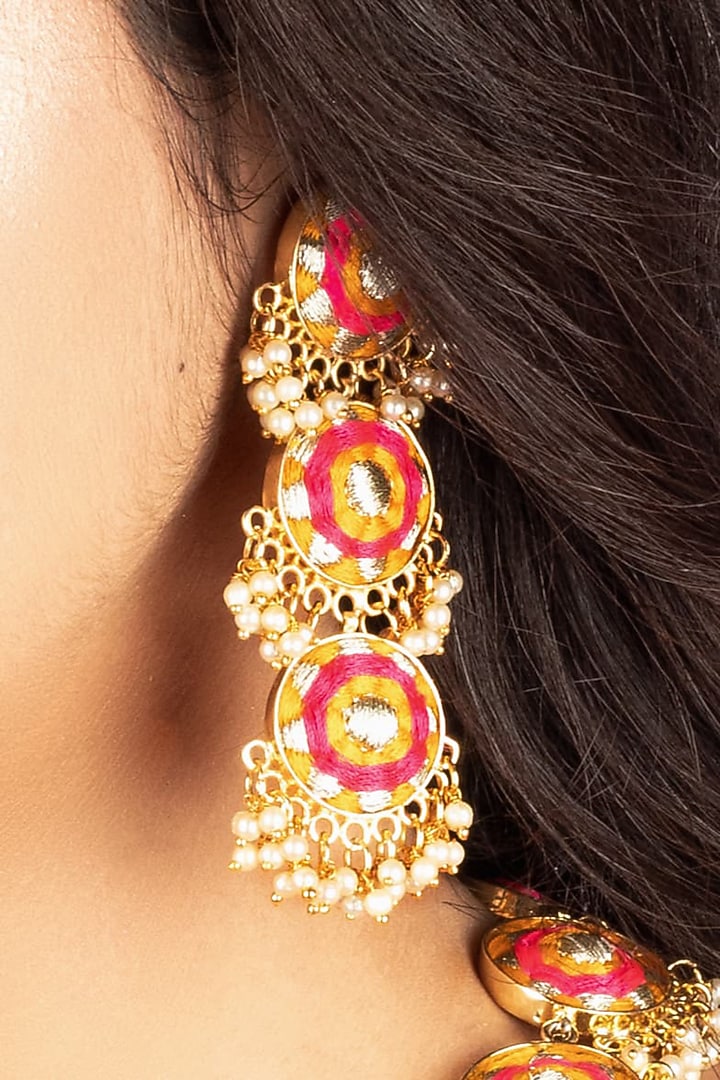 Gold Finish Mustard Yellow & Hot Pink Silk Thread Embroidered Long Necklace Set by Bauble Bazaar at Pernia's Pop Up Shop