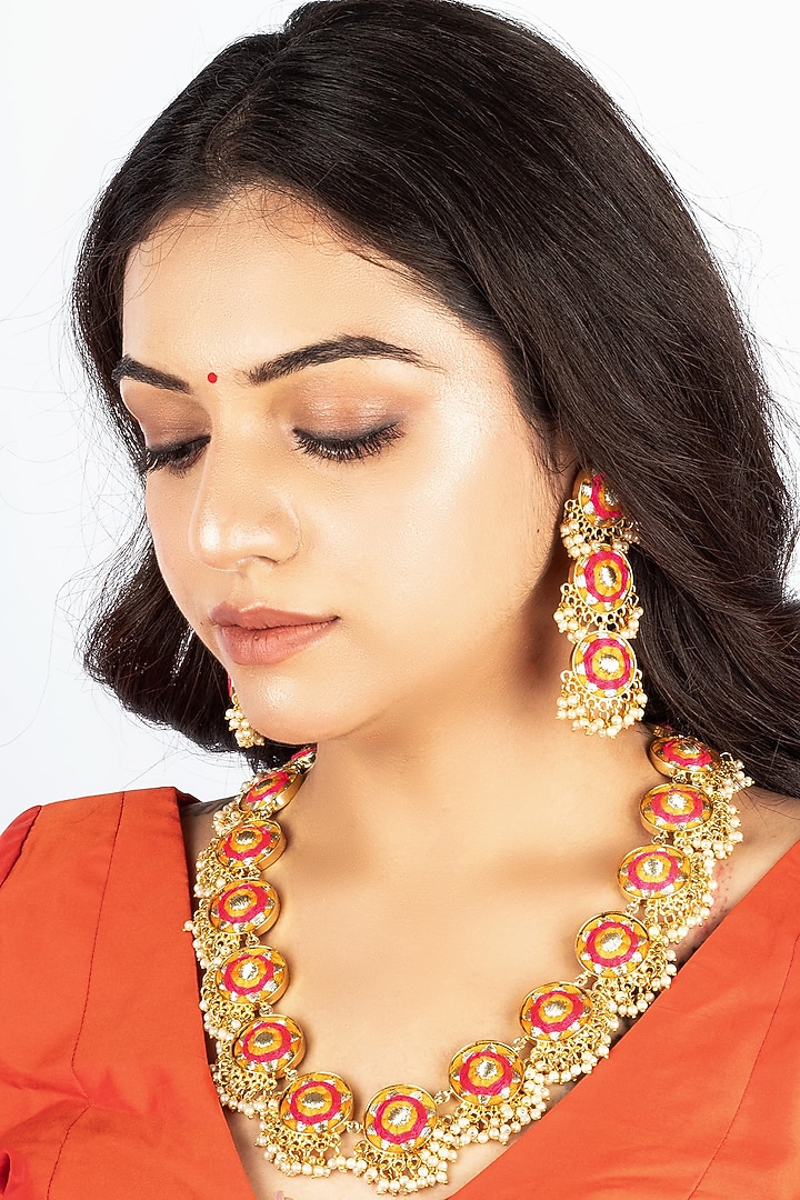 Gold Finish Mustard Yellow & Hot Pink Silk Thread Embroidered Long Necklace Set by Bauble Bazaar at Pernia's Pop Up Shop