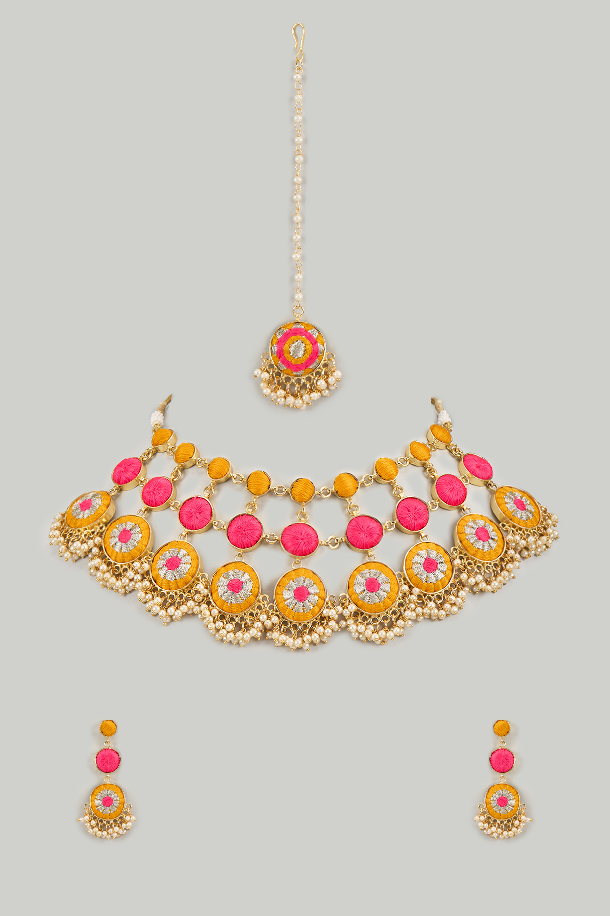 Matte Gold Finish Yellow & Hot Pink Embroidered Layered Necklace Set by Bauble Bazaar at Pernia's Pop Up Shop