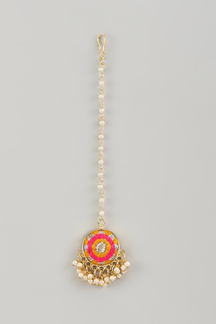Matte Gold Finish Yellow & Hot Pink Embroidered Layered Necklace Set by Bauble Bazaar at Pernia's Pop Up Shop