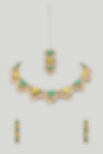 Gold Finish Pearl & Hand Embroidered Choker Necklace Set by Bauble Bazaar at Pernia's Pop Up Shop