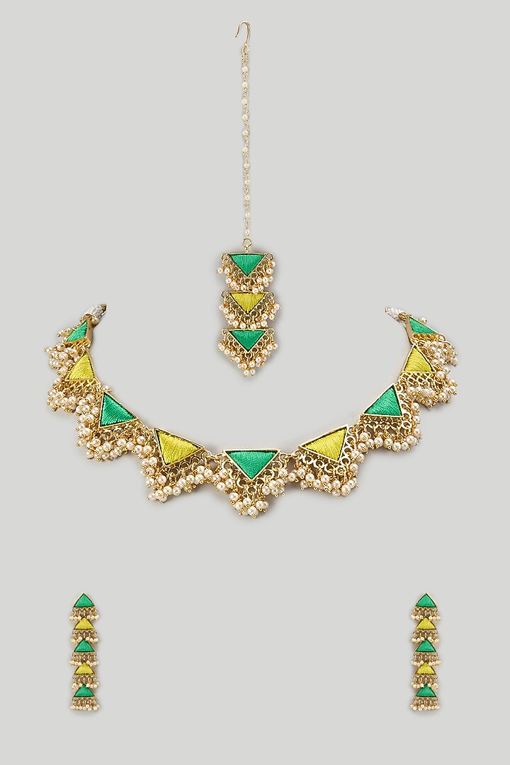Gold Finish Pearl & Hand Embroidered Choker Necklace Set by Bauble Bazaar at Pernia's Pop Up Shop