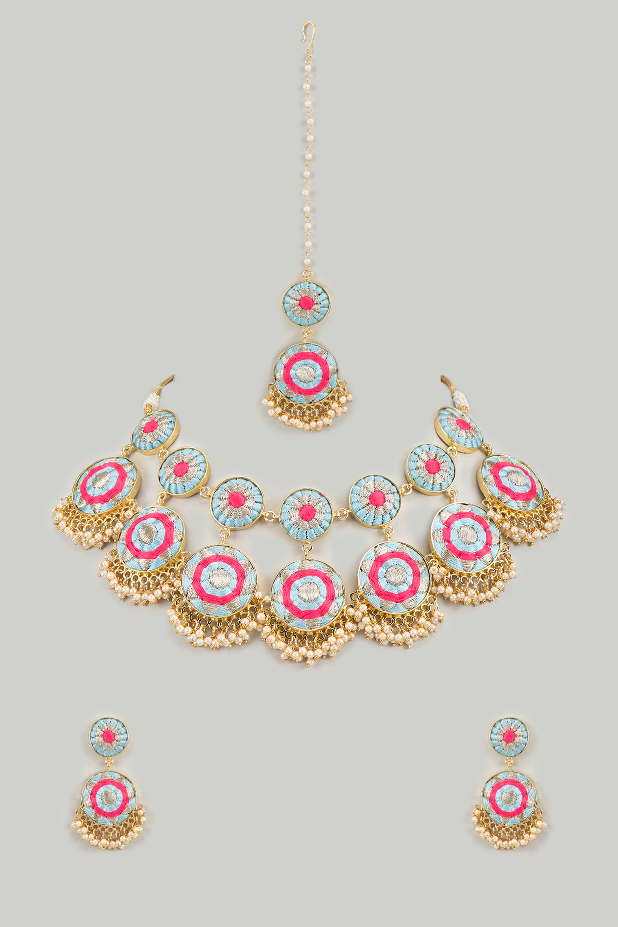Matte Gold Finish Hot Pink Embroidered Layered Necklace Set by Bauble Bazaar at Pernia's Pop Up Shop