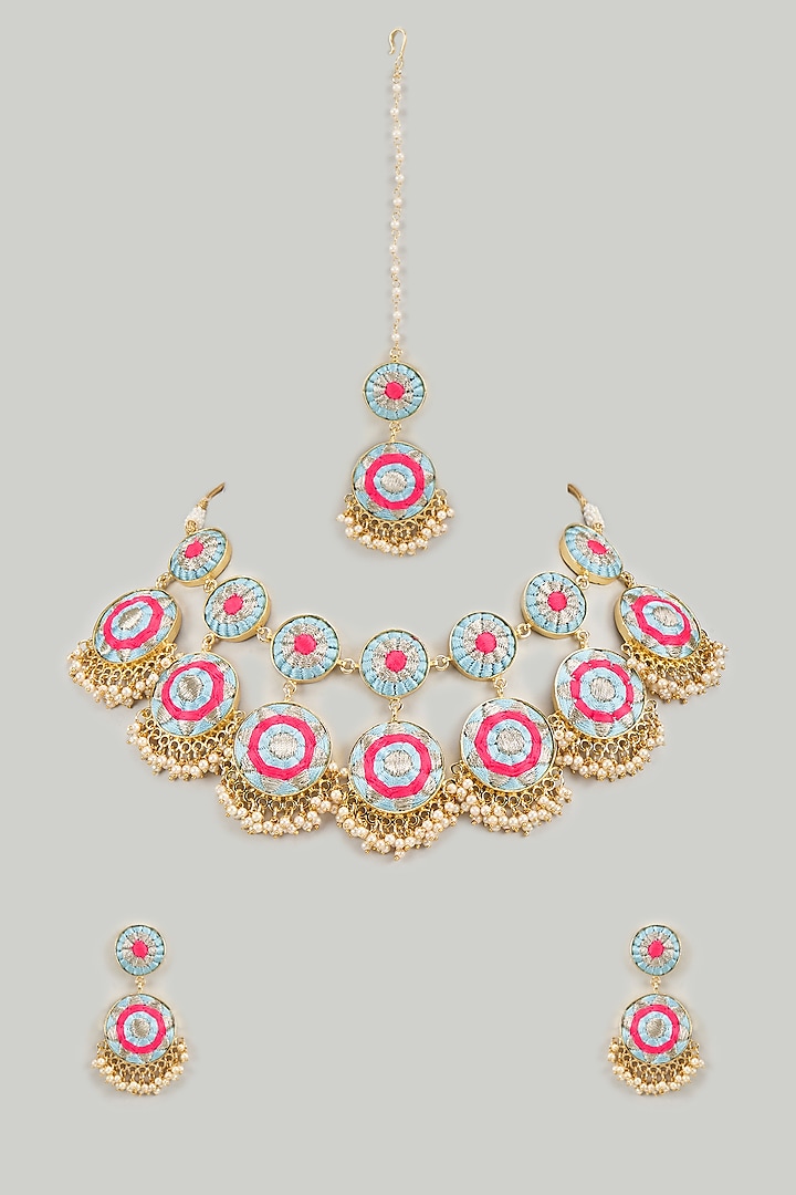 Matte Gold Finish Hot Pink Embroidered Layered Necklace Set by Bauble Bazaar at Pernia's Pop Up Shop