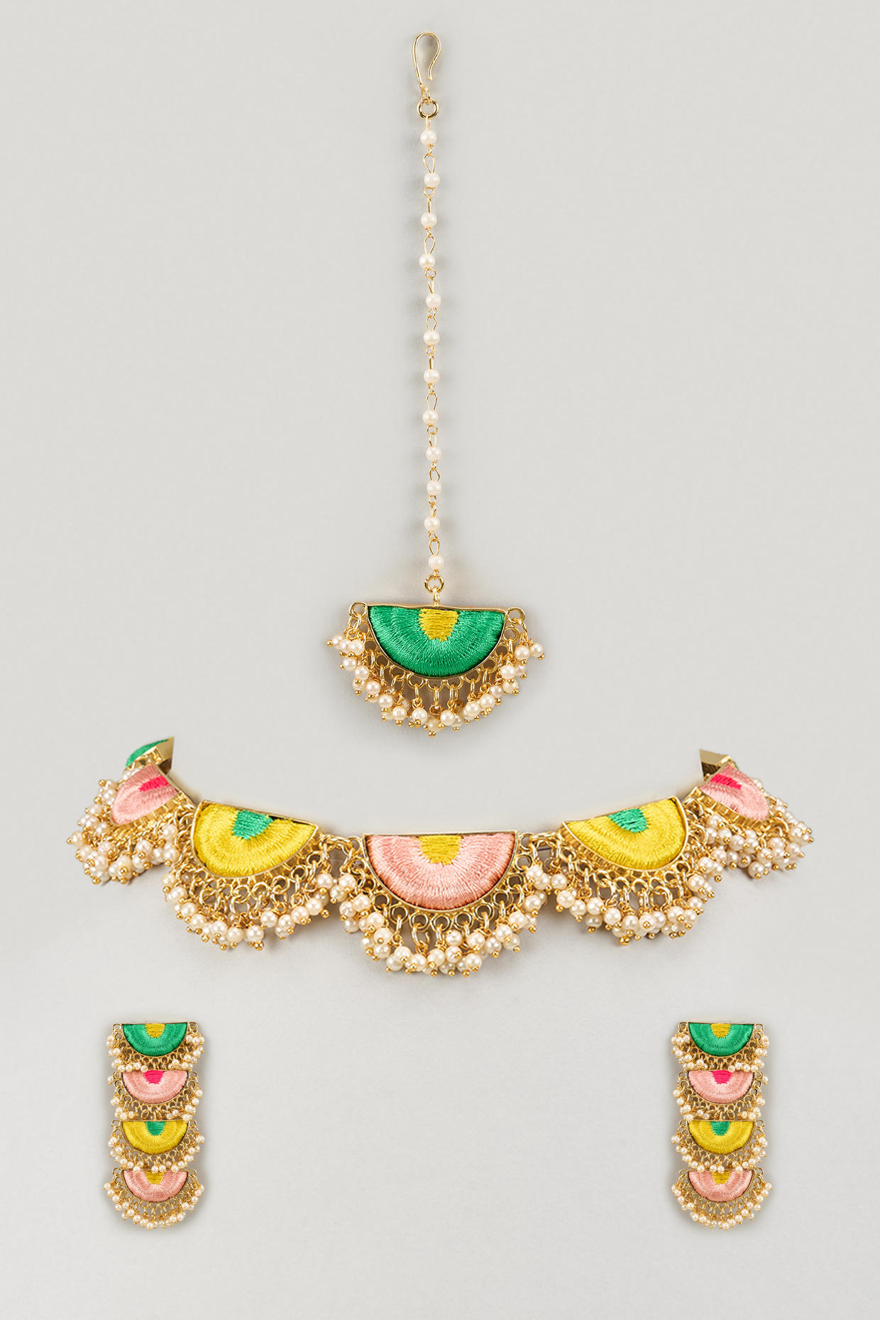 Matte Gold Finish Embroidered Layered Semi-Circular Necklace Set by Bauble Bazaar at Pernia's Pop Up Shop
