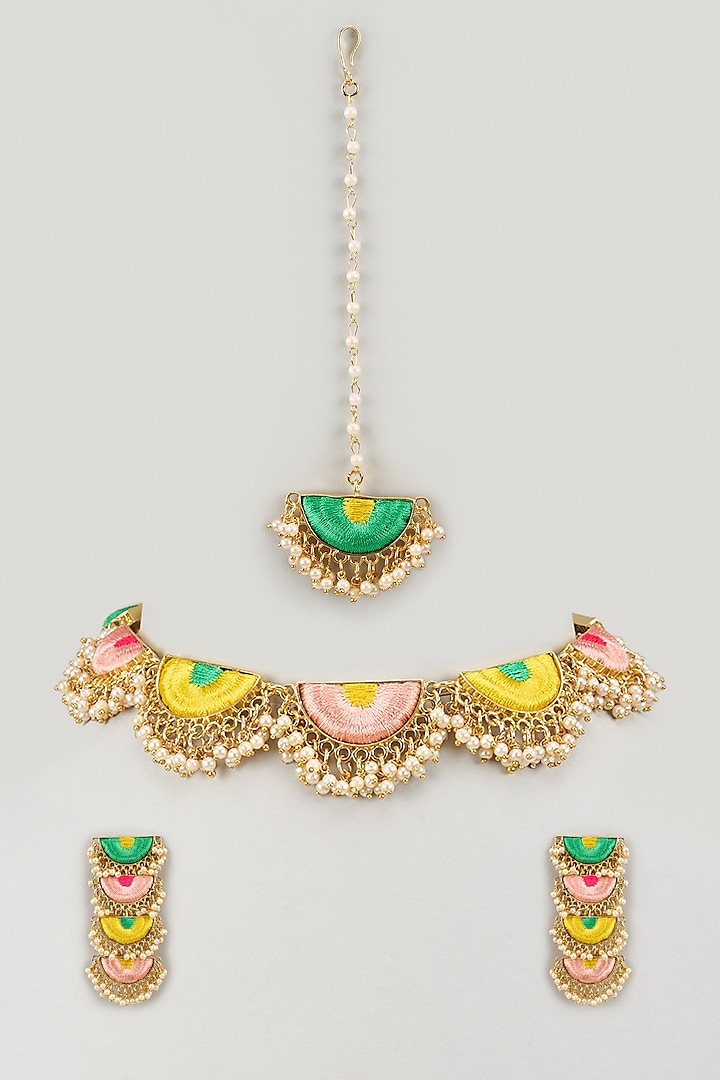 Matte Gold Finish Embroidered Layered Semi-Circular Necklace Set by Bauble Bazaar at Pernia's Pop Up Shop