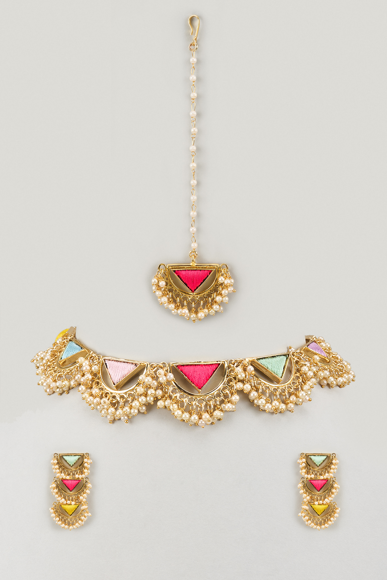Matte Gold Finish Embroidered Layered Triangular Necklace Set by Bauble Bazaar at Pernia's Pop Up Shop