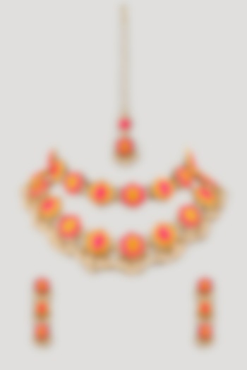 Matte Gold Finish Embroidered Layered Necklace Set by Bauble Bazaar at Pernia's Pop Up Shop