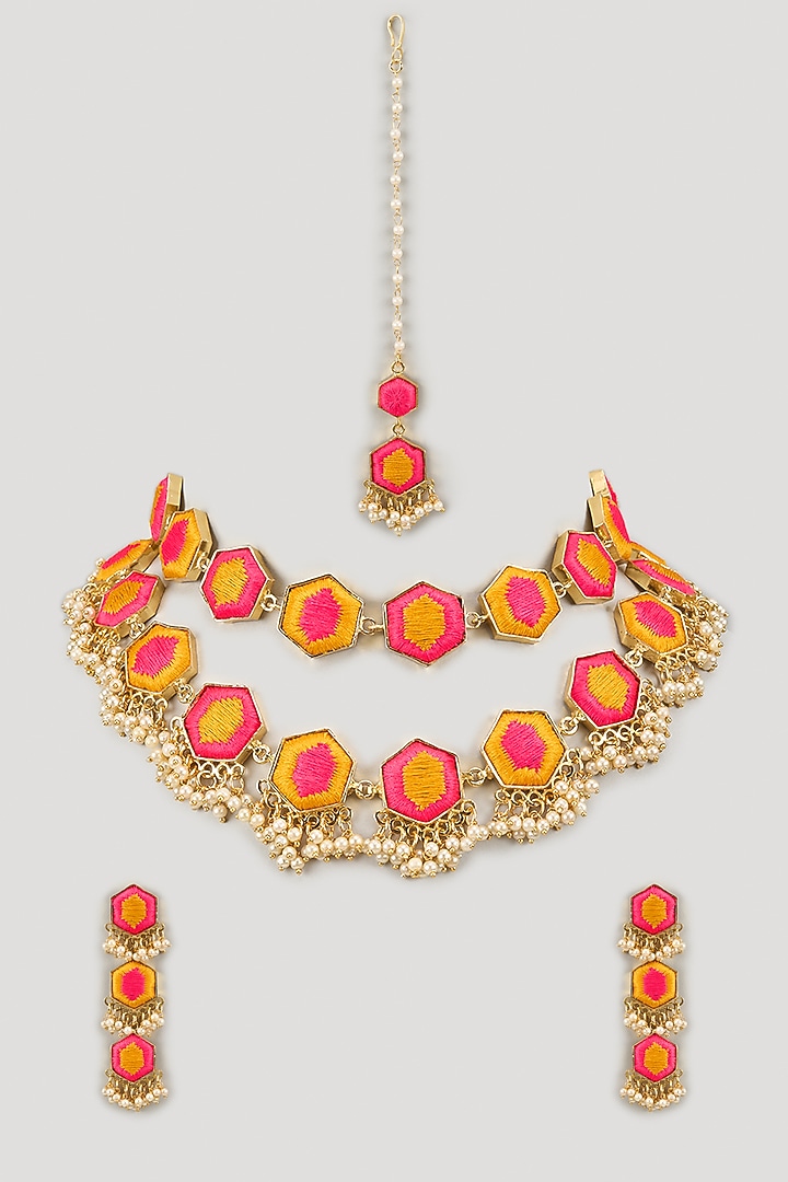 Matte Gold Finish Embroidered Layered Necklace Set by Bauble Bazaar at Pernia's Pop Up Shop