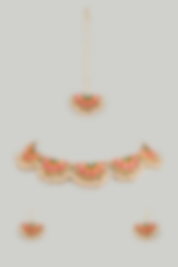 Matte Gold Finish Multi-Colored Embroidered & Pearl Layered Circular Necklace Set by Bauble Bazaar at Pernia's Pop Up Shop