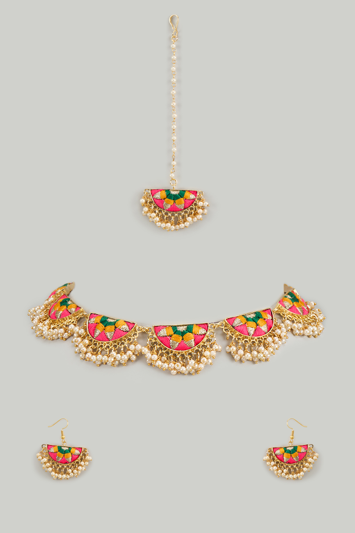 Matte Gold Finish Multi-Colored Embroidered & Pearl Layered Circular Necklace Set by Bauble Bazaar at Pernia's Pop Up Shop