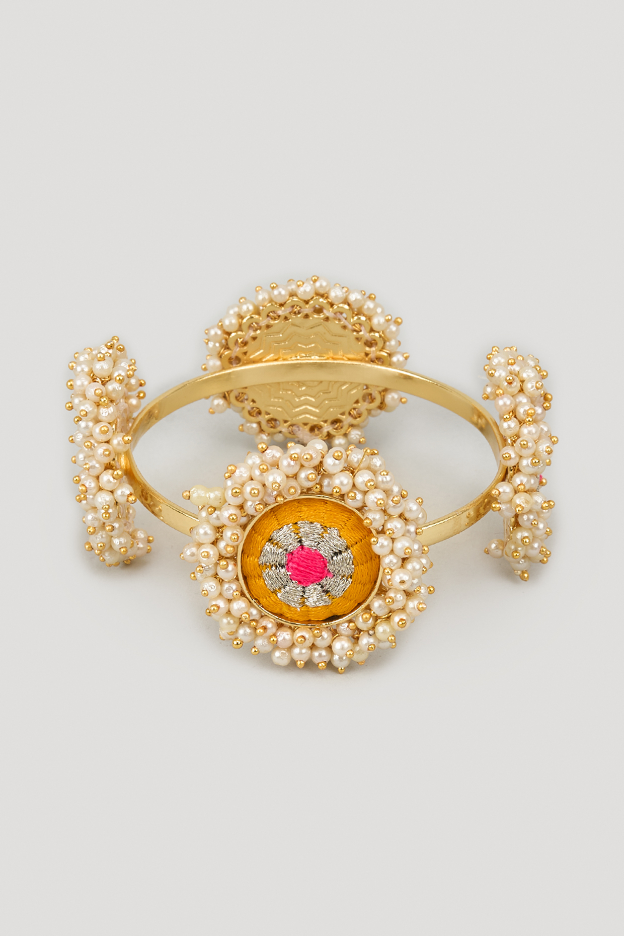Matte Gold Finish Silk Thread Embroidered & Pearl Beaded Bangle by Bauble Bazaar at Pernia's Pop Up Shop