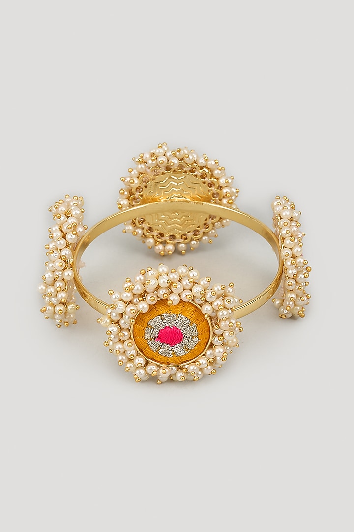 Matte Gold Finish Silk Thread Embroidered & Pearl Beaded Bangle by Bauble Bazaar at Pernia's Pop Up Shop