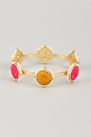 Gold Finish Silk Thread Embroidered & Pearl Beaded Bangle by Bauble Bazaar