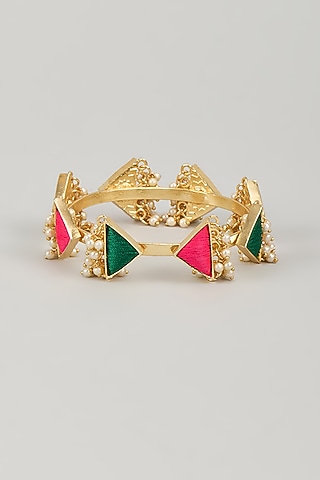 Gold Finish Silk Thread Embroidered & Pearl Beaded Triangular Bangle by Bauble Bazaar
