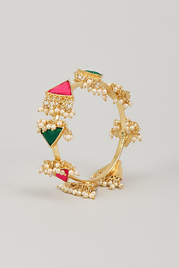 Gold Finish Silk Thread Embroidered & Pearl Beaded Triangular Bangle by Bauble Bazaar at Pernia's Pop Up Shop