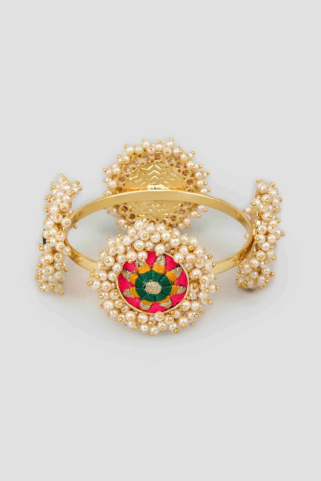 Matte Gold Finish Silk Thread Embroidered & Pearl Beaded Bangle by Bauble Bazaar at Pernia's Pop Up Shop