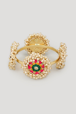 Matte Gold Finish Silk Thread Embroidered & Pearl Beaded Bangle by Bauble Bazaar