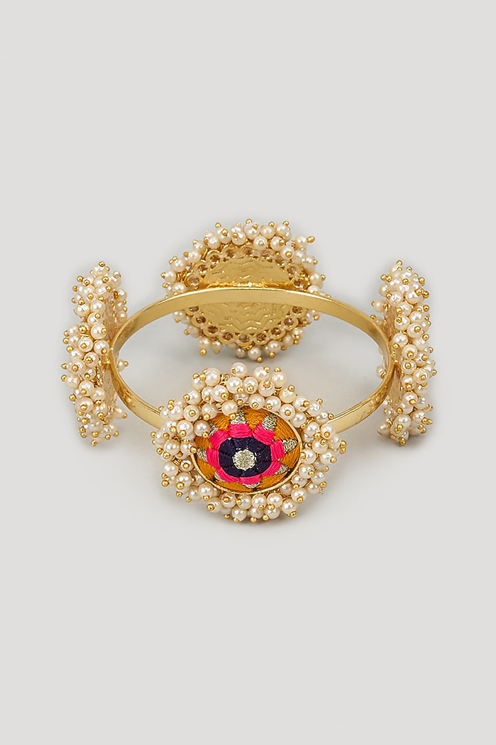 Matte Gold Finish Silk Thread Embroidered & Pearl Beaded Bangle by Bauble Bazaar at Pernia's Pop Up Shop