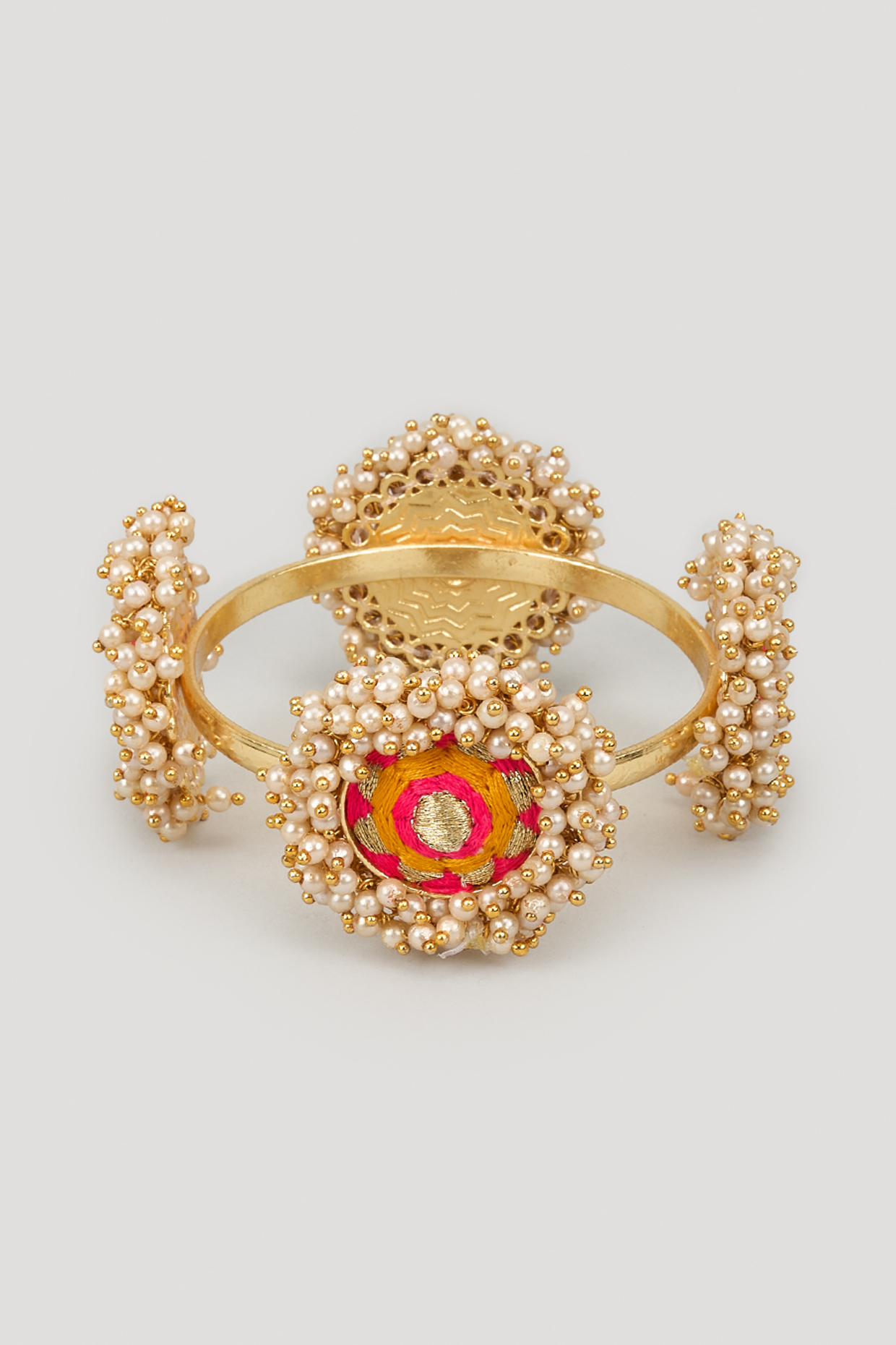 Matte Gold Finish Silk Thread Embroidered & Pearl Beaded Bangle by Bauble Bazaar at Pernia's Pop Up Shop