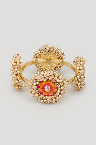 Matte Gold Finish Silk Thread Embroidered & Pearl Beaded Bangle by Bauble Bazaar