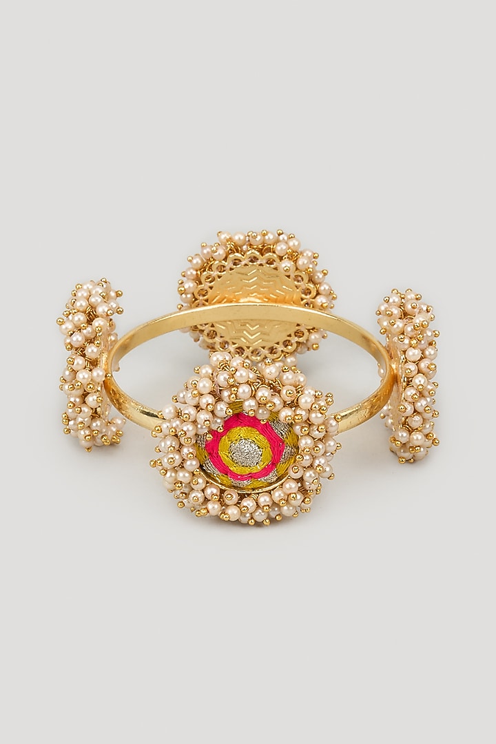 Matte Gold Finish Silk Thread Embroidered & Pearl Beaded Bangle by Bauble Bazaar at Pernia's Pop Up Shop