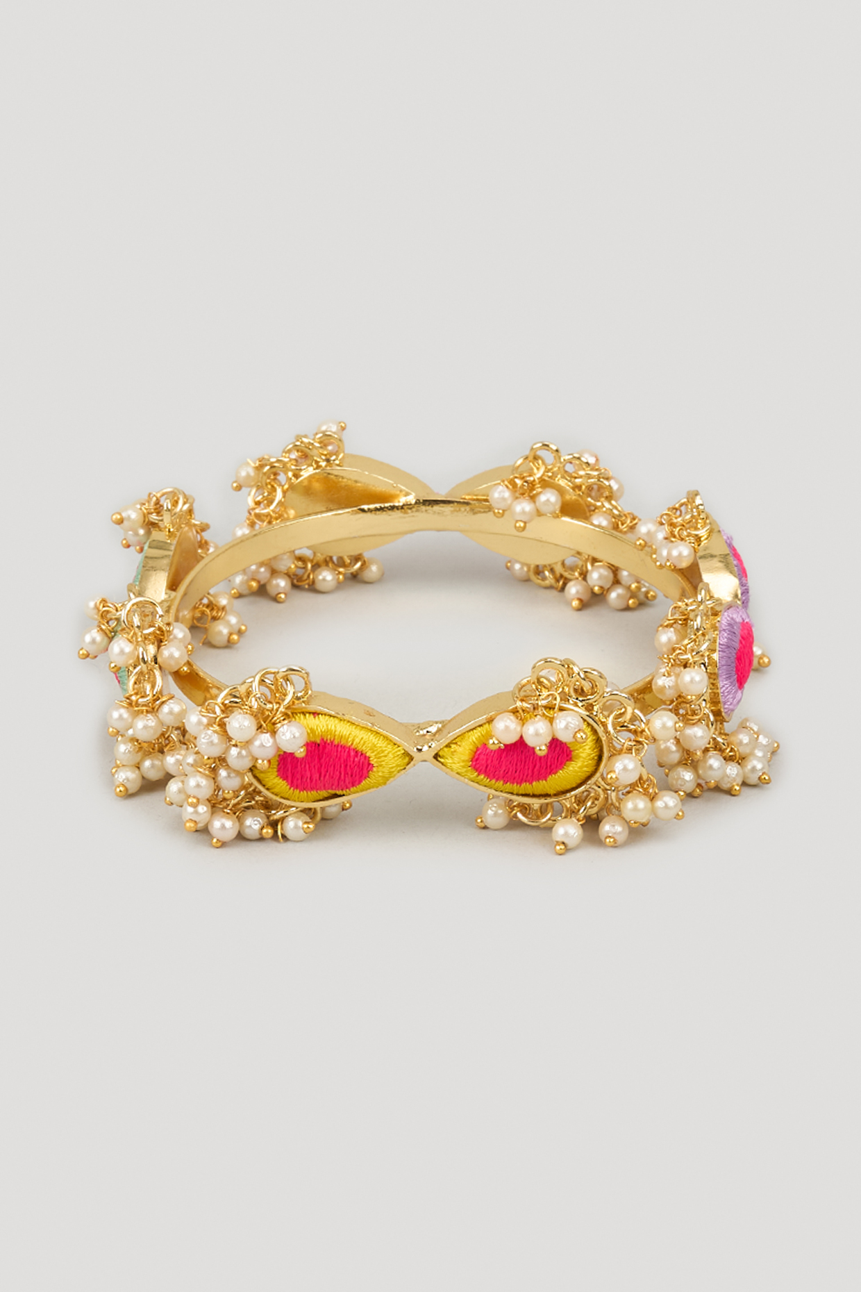 Matte Gold Finish Silk Thread Embroidered & Pearl Beaded Bangle by Bauble Bazaar at Pernia's Pop Up Shop