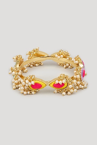 Matte Gold Finish Silk Thread Embroidered & Pearl Beaded Bangle by Bauble Bazaar