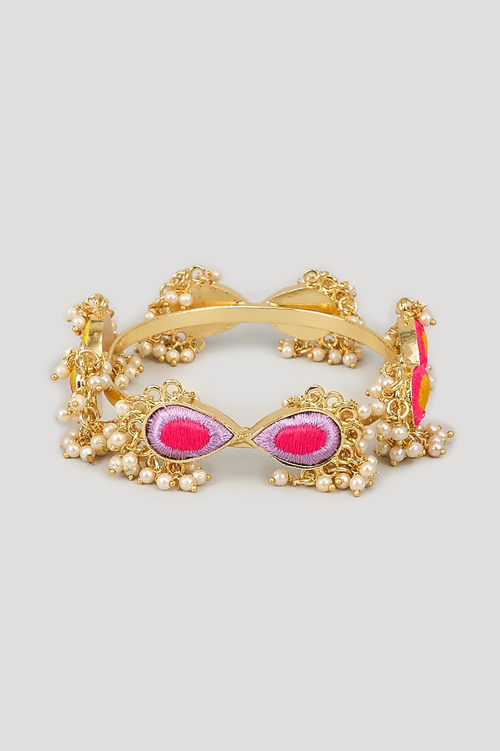 Matte Gold Finish Silk Thread Embroidered & Pearl Beaded Bangle by Bauble Bazaar at Pernia's Pop Up Shop