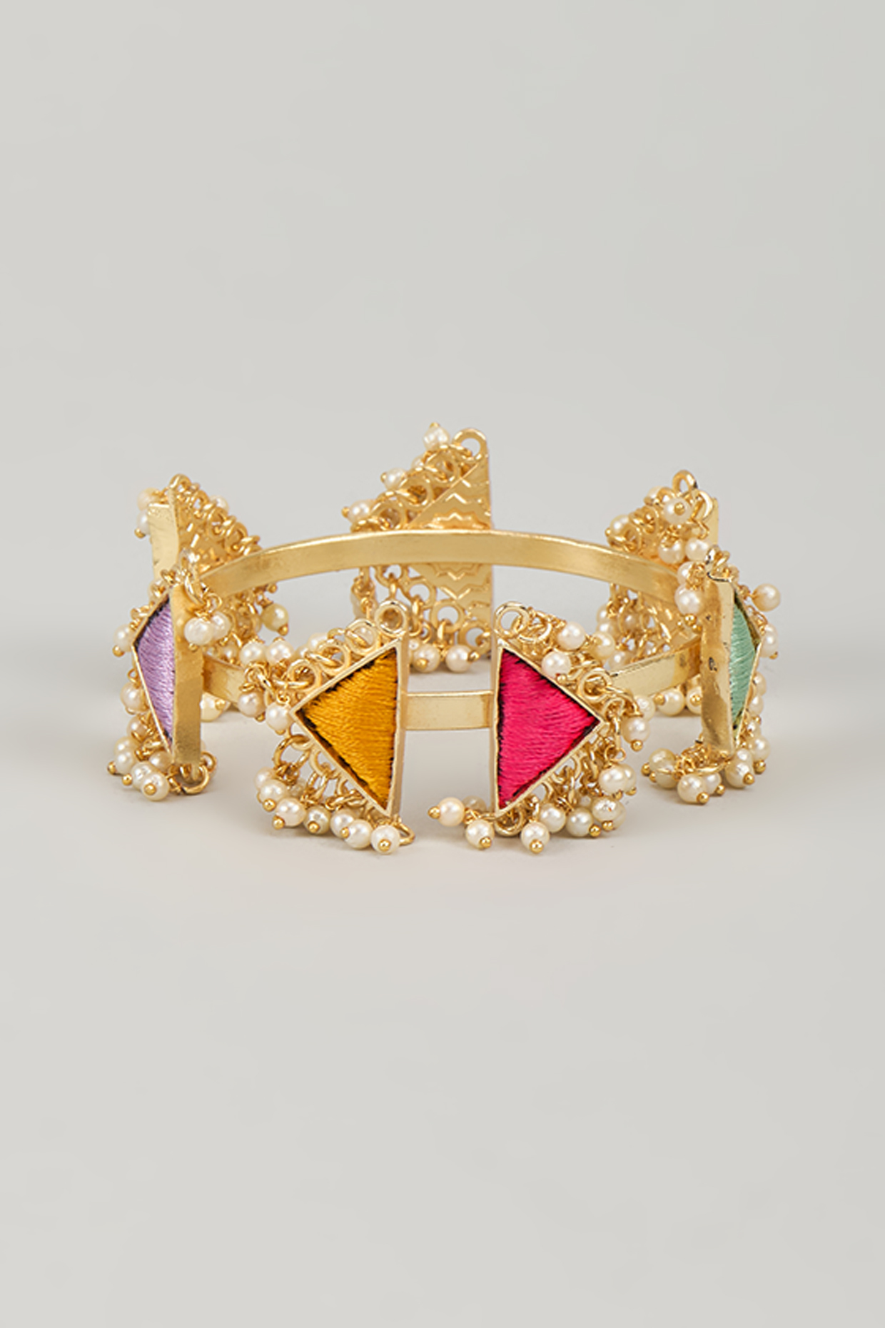 Gold Finish Silk Thread Embroidered & Pearl Beaded Triangular Bangle by Bauble Bazaar at Pernia's Pop Up Shop